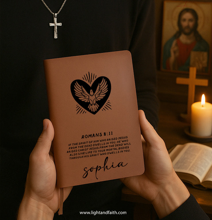 Personalized Christian Journal with "Romans 8:11", Custom Name Prayer & Faith Notebook, Religious Gift, First Communion Gifts, Birthday. NBLAF60